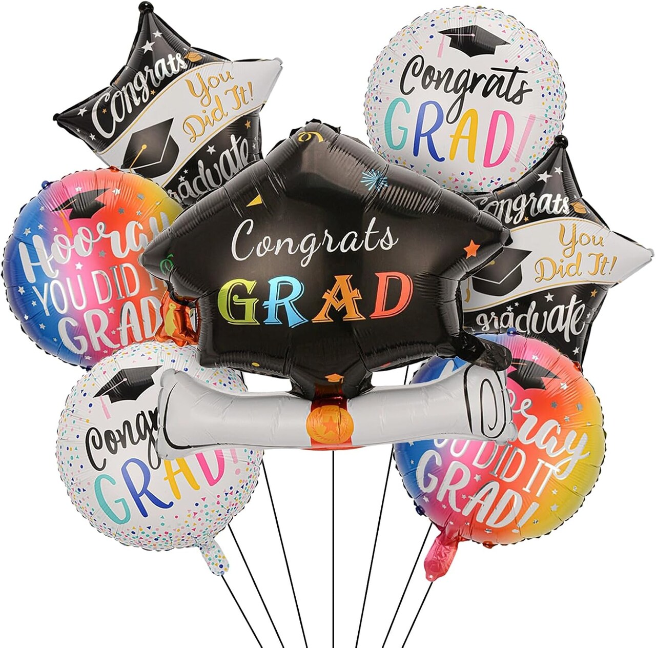 Graduation Party Balloons – 7-Piece Class of 2026 Congrats Grad Foil Balloon Set, Graduation Cap & Star Mylar Balloons for High School & College Graduation Decorations